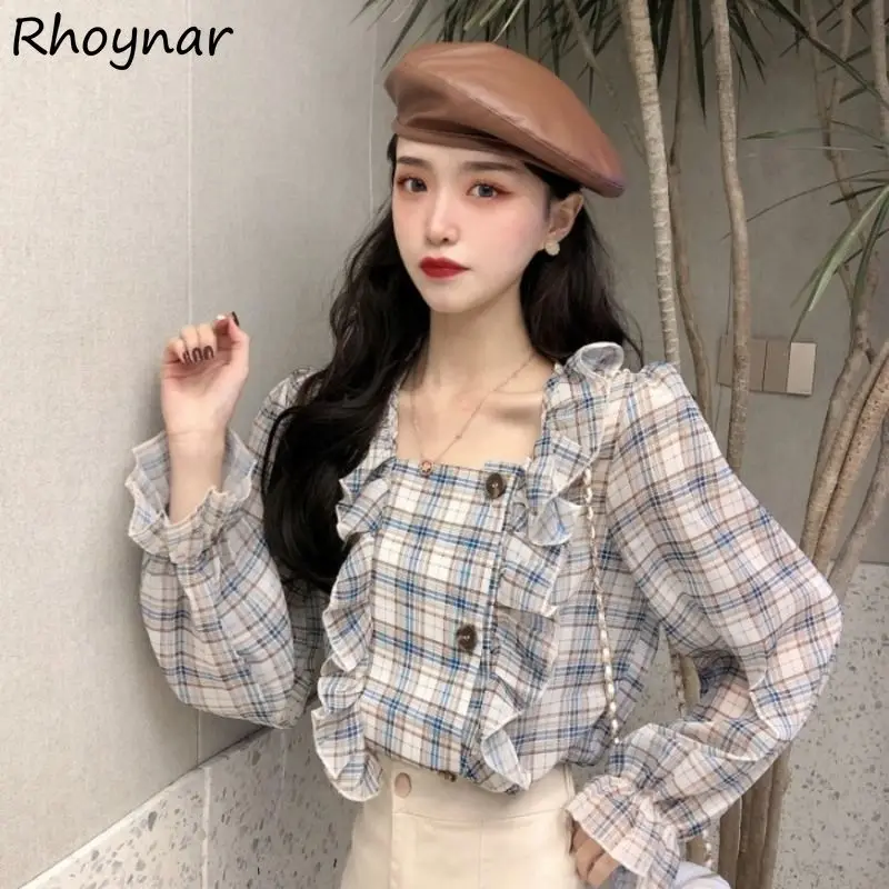 Shirts Women Korean Style Vintage Ruffles Design Square Collar Chic Plaid All-match Popular Preppy Streetwear Elegant Teens Soft
Shirts Women Korean Style Vintage Ruffles Design Square Collar Chic Plaid All-match Popular Preppy Streetwear Elegant Teens Soft