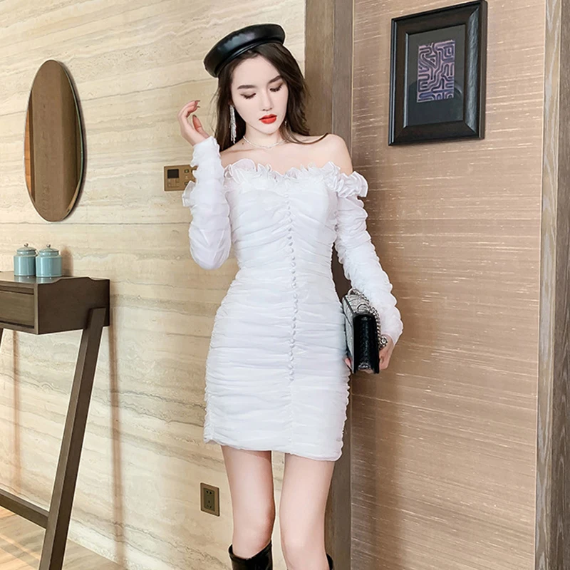 Fashion Korean Style Women's dress Retro Sexy Off-Shoulder Mini Party Dress Elegant Coffee Break Ruffle Folds Mesh Female Dress
Fashion Korean Style Women's dress Retro Sexy Off-Shoulder Mini Party Dress Elegant Coffee Break Ruffle Folds Mesh Female Dress