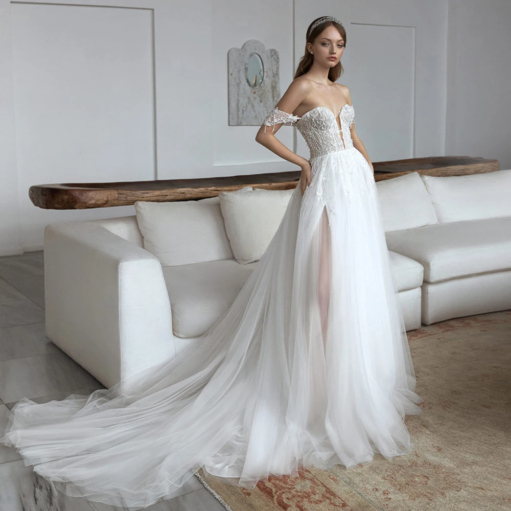 Sexy Tulle Wedding Dress A-Line Sweetheart Side Slit Off-the-shoulder Backless Applique Bridal Gowns 2021 Vestidos De Noivas
Sexy Tulle Wedding Dress A-Line Sweetheart Side Slit Off-the-shoulder Backless Applique Bridal Gowns 2021 Vestidos De Noivas