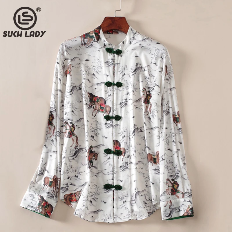 100% Natural Silk Women's Shirt Stand Collar Long Sleeves Printed Vintage Buttons Elegant Blouse Tops
100% Natural Silk Women's Shirt Stand Collar Long Sleeves Printed Vintage Buttons Elegant Blouse Tops