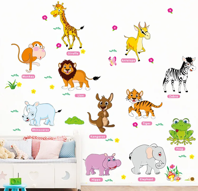 

English animal cartoon wall sticker children's room kindergarten bedroom living room background decoration can be removed