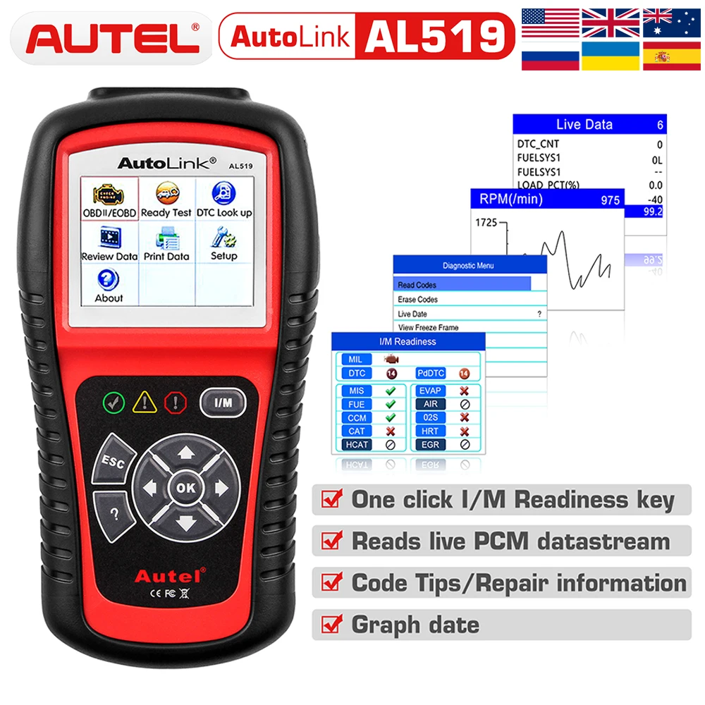 Autel MaxiLink AL519 OBD2 считыватель кодов выклюсветильник проверки двигателя, очищает коды, проверка смога одним нажатием Улучшенный OBDII сканер
Autel MaxiLink AL519 OBD2 считыватель кодов выклюсветильник проверки двигателя, очищает коды, проверка смога одним нажатием Улучшенный OBDII сканер