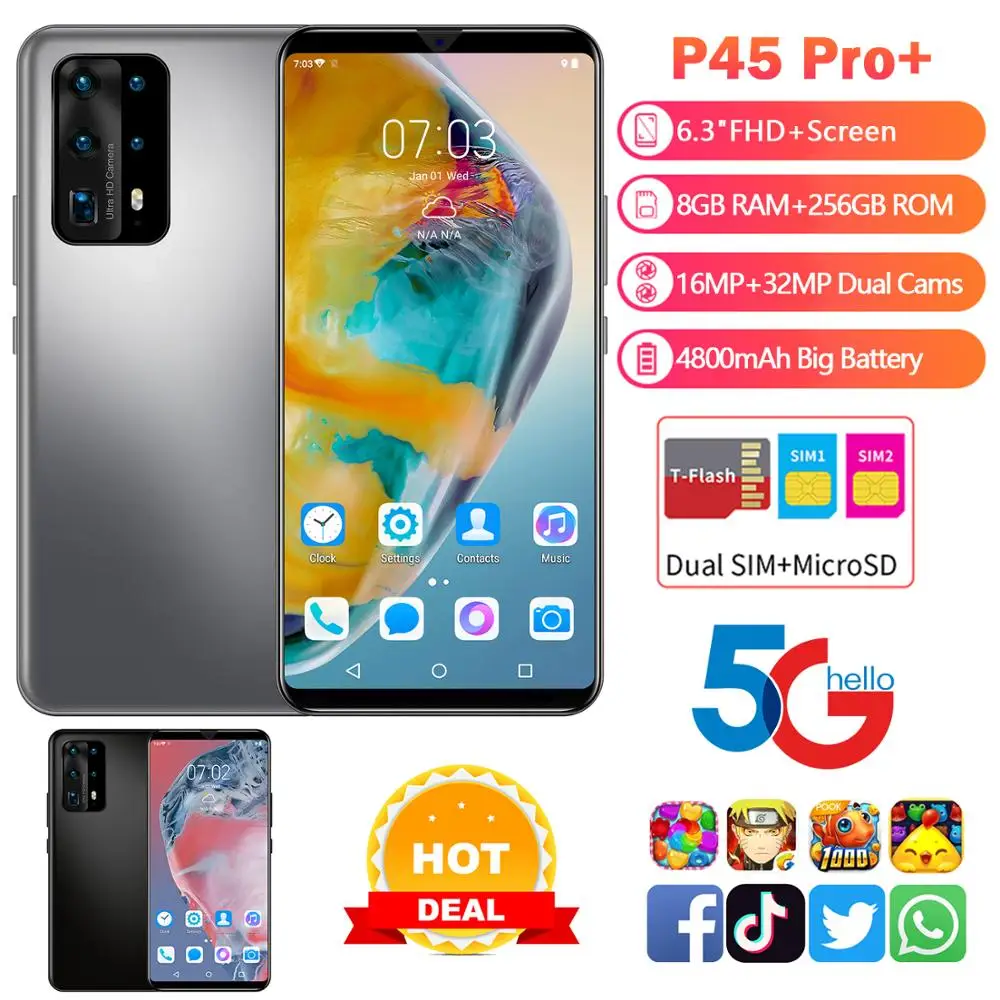 New P45 Pro+ 4K Display Double Sim Card 8GB RAM 256GB ROM Smartphone Android 10.0 6.3" 4800mAh MTK6875 Octa Core Mobile Phone
New P45 Pro+ 4K Display Double Sim Card 8GB RAM 256GB ROM Smartphone Android 10.0 6.3" 4800mAh MTK6875 Octa Core Mobile Phone