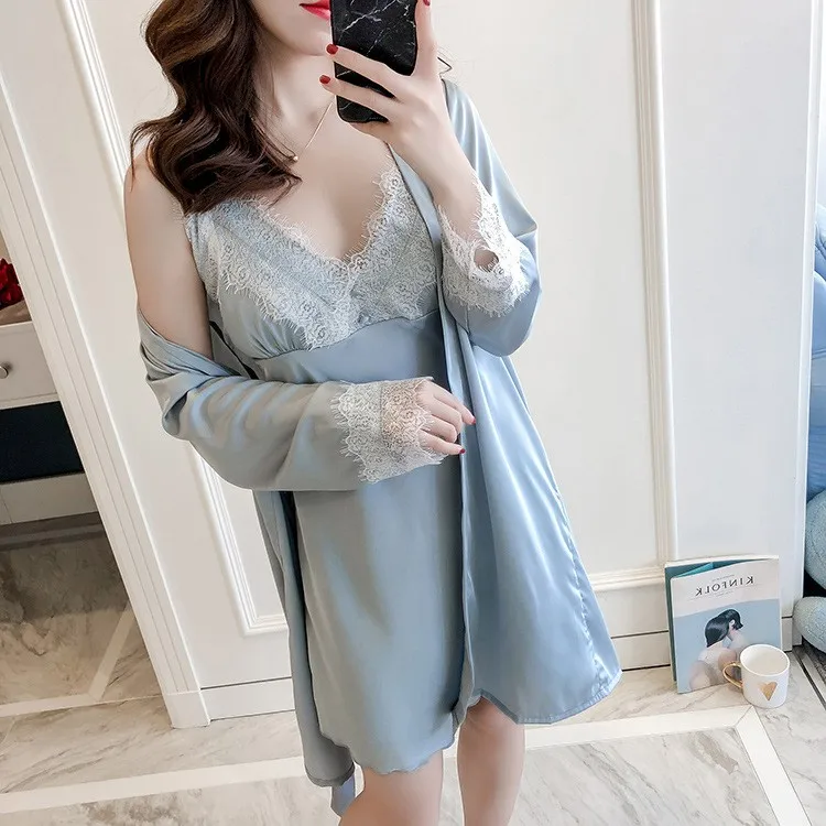 Lace Satin Patchwork Wedding Robe Sexy Intimate Lingerie Navy Blue2PCS Home Clothing Kimono Bathrobe Gown Sleepwear Nightwear
Lace Satin Patchwork Wedding Robe Sexy Intimate Lingerie Navy Blue2PCS Home Clothing Kimono Bathrobe Gown Sleepwear Nightwear