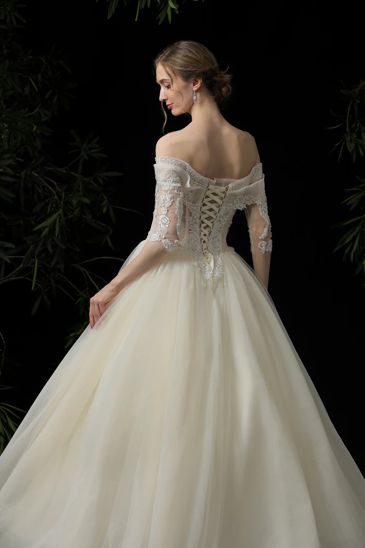 Half Sleeve Off-Shoulder Puffy Pleating Luxury Bridal Gowns Lace Wedding Dress Supplier
Half Sleeve Off-Shoulder Puffy Pleating Luxury Bridal Gowns Lace Wedding Dress Supplier