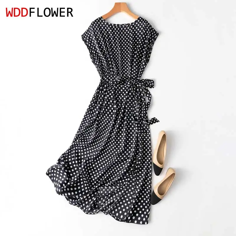 Women 92% Mulberry Silk 8% Spandex Sleeveless Tank Dress Round neck Black White Dots Printed Belted Waist Midi Dress MM193
Women 92% Mulberry Silk 8% Spandex Sleeveless Tank Dress Round neck Black White Dots Printed Belted Waist Midi Dress MM193