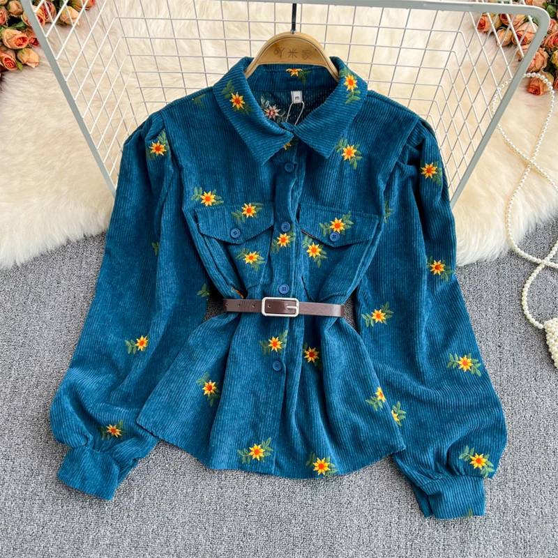 

High Quality Women Shirt 2022 Spring Vintage Embroidery Flowers Corduroy Shirts Puff Sleeve Bandage Nipped Waist Tops And Blouse