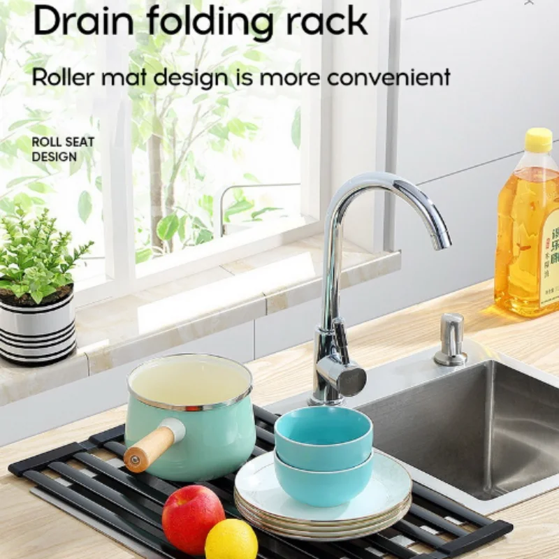 

Kitchen Sink Drain Rack Drain Basket Sink Vegetable Sink Foldable Dishwashing Roller Shutter Kitchen Basin Rack Water Filter Mat