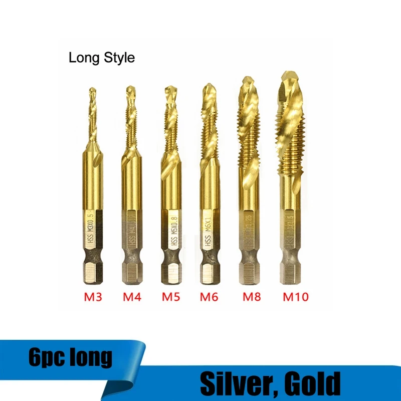 6pc long Silver, Gold 1/4Hex Shank Drill Bit HSS Screw Tap Drill Bits Size M3 M4 M5 M6 M8 M10 Metric Composite Tap Drills
6pc long Silver, Gold 1/4Hex Shank Drill Bit HSS Screw Tap Drill Bits Size M3 M4 M5 M6 M8 M10 Metric Composite Tap Drills