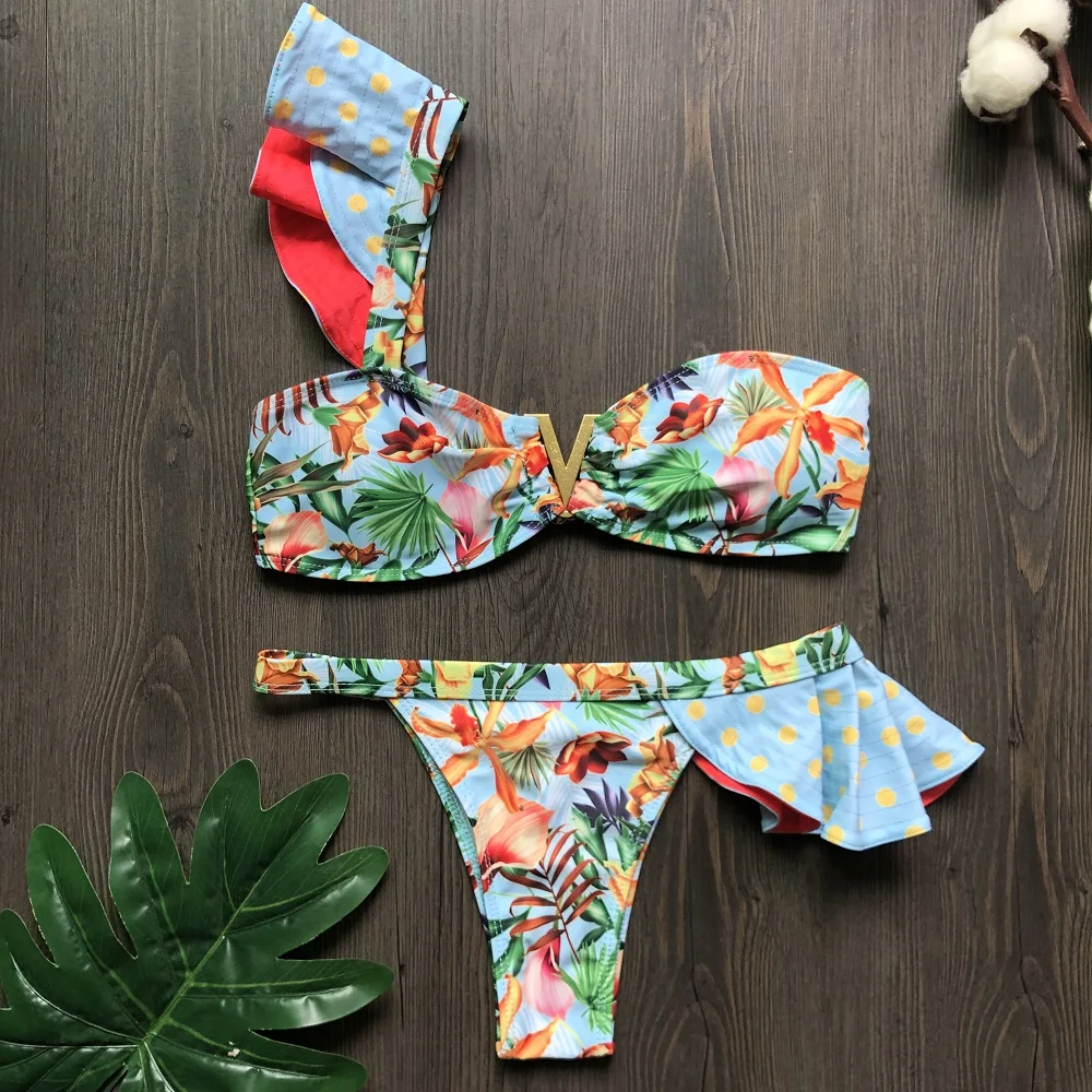 

2020 Sexy Bikinis Women Swimsuit Tropical Print Swimwear Brazilian Bikini Set Ruffle Bathing Suit Beachwear Biquini female