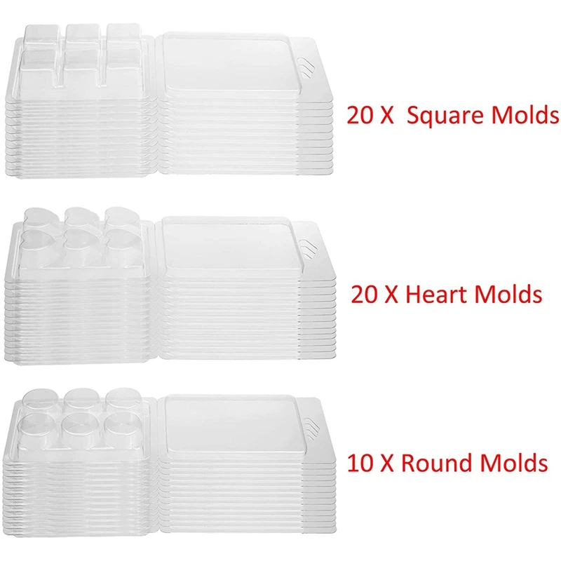 50Pack Wax Melt Containers-6 Cavity Clear Empty Plastic Wax Melt Molds Square/Heart/Round Molds for Tarts Wax Melts.
50Pack Wax Melt Containers-6 Cavity Clear Empty Plastic Wax Melt Molds Square/Heart/Round Molds for Tarts Wax Melts.
