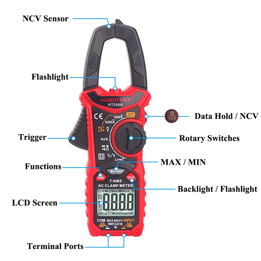 Digital Clamp Meter Multimeter HABOTEST HT206 Series Pliers Ammeter AC DC Amperometric Voltage Tester High Precision Capacitance
Digital Clamp Meter Multimeter HABOTEST HT206 Series Pliers Ammeter AC DC Amperometric Voltage Tester High Precision Capacitance
