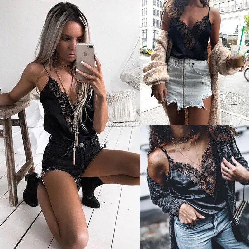 

New Women Sexy V Neck Slim Sleeveless Lace Stitching Suspenders Vest Hollow Black Vests Womens Bottoming Top Tank S-XL
