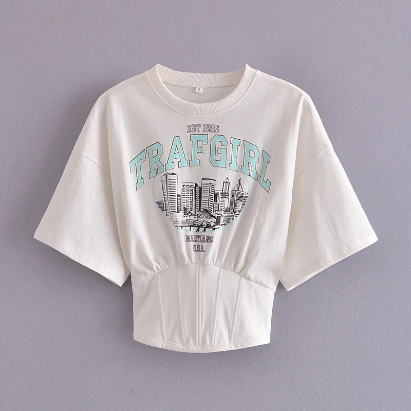 2021 summer new round neck print waist short sleeve T shirt women versatile blouse short Korean INS show thin
2021 summer new round neck print waist short sleeve T shirt women versatile blouse short Korean INS show thin