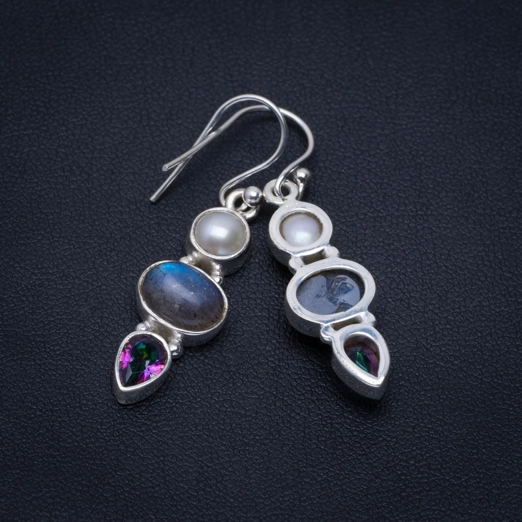 Natural Labradorite,River Pearl and Mystical Topaz 925 Sterling Silver Earrings 1.5" A2611
Natural Labradorite,River Pearl and Mystical Topaz 925 Sterling Silver Earrings 1.5" A2611