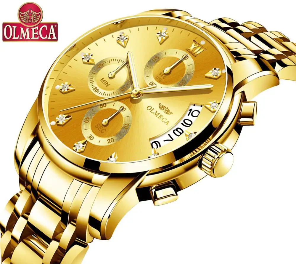 Top Brand OLMECA Men's Watch Gold Quartz Relogio Masculino Fashion Complete Calendar Wrist Luminous Hands Waterproof | Наручные часы