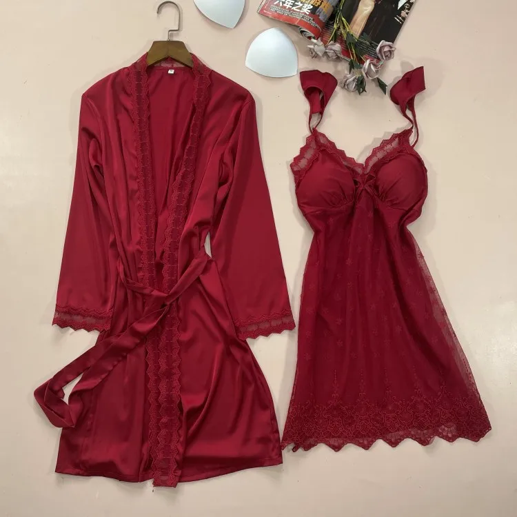 Sleepwear Women Lace Trim 2PCS Kimono Robe Gown Spring Autumn Suspender Nightdress&Bathrobe Set Loose Sexy Intimate Lingerie 
Sleepwear Women Lace Trim 2PCS Kimono Robe Gown Spring Autumn Suspender Nightdress&Bathrobe Set Loose Sexy Intimate Lingerie