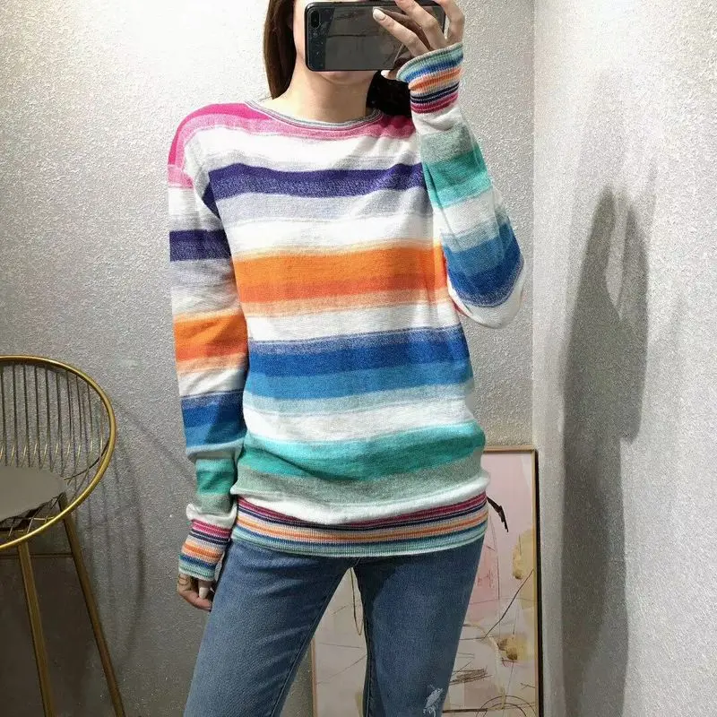 Contrast Color Striped Pullovers Fall 2020 Fashion Sweater Round Neck Women Sweaters and Pullovers Rainbow Sweater Sueter Mujer
Contrast Color Striped Pullovers Fall 2020 Fashion Sweater Round Neck Women Sweaters and Pullovers Rainbow Sweater Sueter Mujer