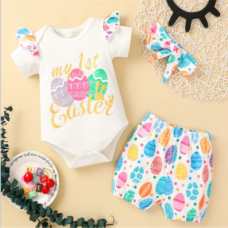 0-18M Infant Baby Easter Short-sleeved Romper+Shorts+Bow-knot Sweet Headband, Colorful Eggs Print Summer Clothing
0-18M Infant Baby Easter Short-sleeved Romper+Shorts+Bow-knot Sweet Headband, Colorful Eggs Print Summer Clothing