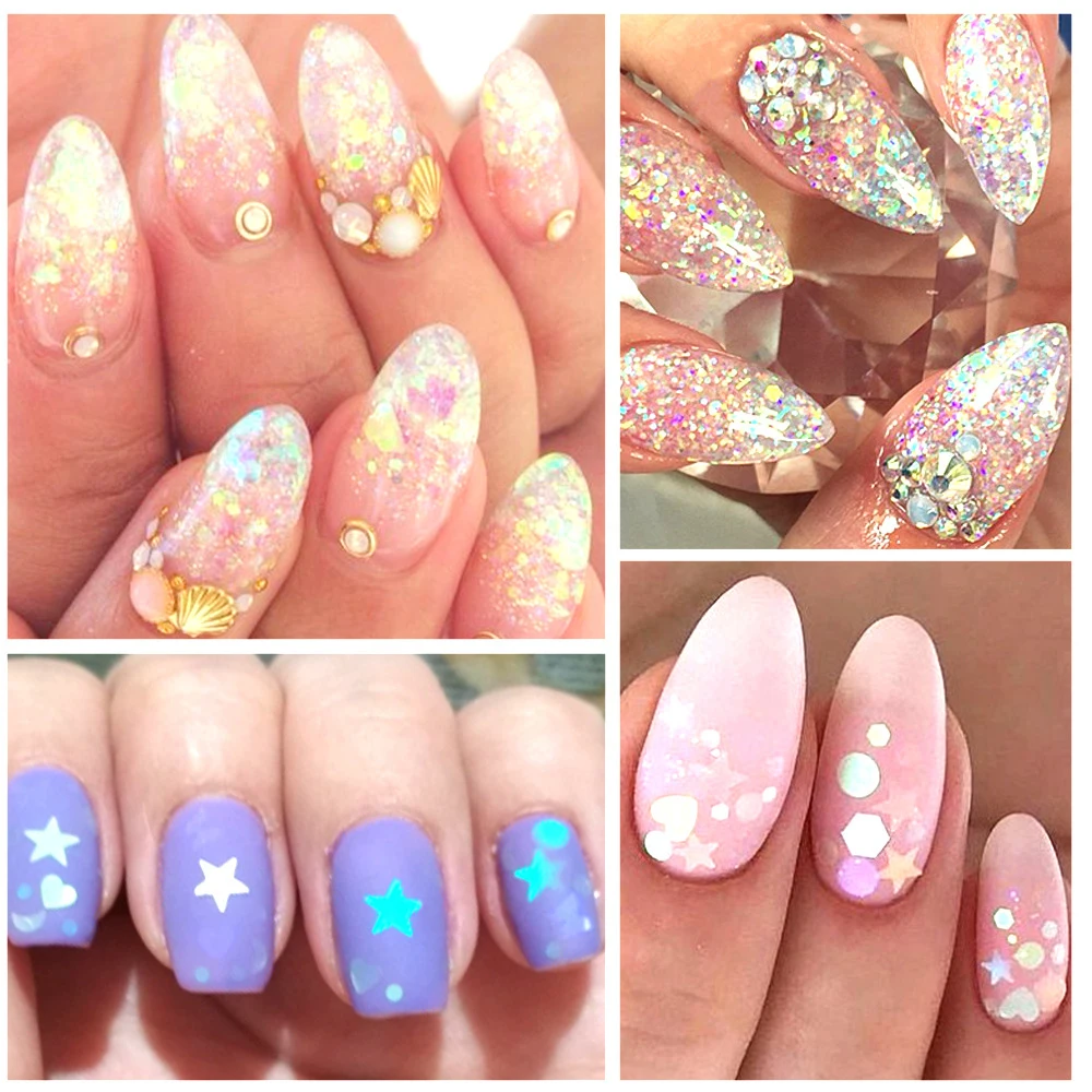 1 Box Mermaid Fluorescent Color Star Ultra-Thin Nail Patch Holographic Glitter Mixed Round Heart Piece Decoration | Красота и
