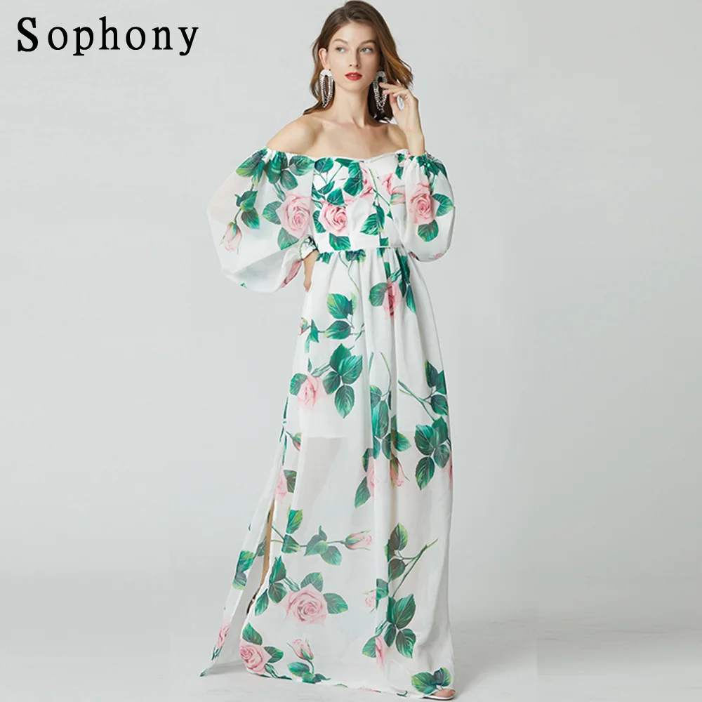 Women Lantern Sleeve Strapless Padded Bra Floral Rose Printed High Split Long Chiffon Flower Maxi Dress Summer Vestidos 326
Women Lantern Sleeve Strapless Padded Bra Floral Rose Printed High Split Long Chiffon Flower Maxi Dress Summer Vestidos 326