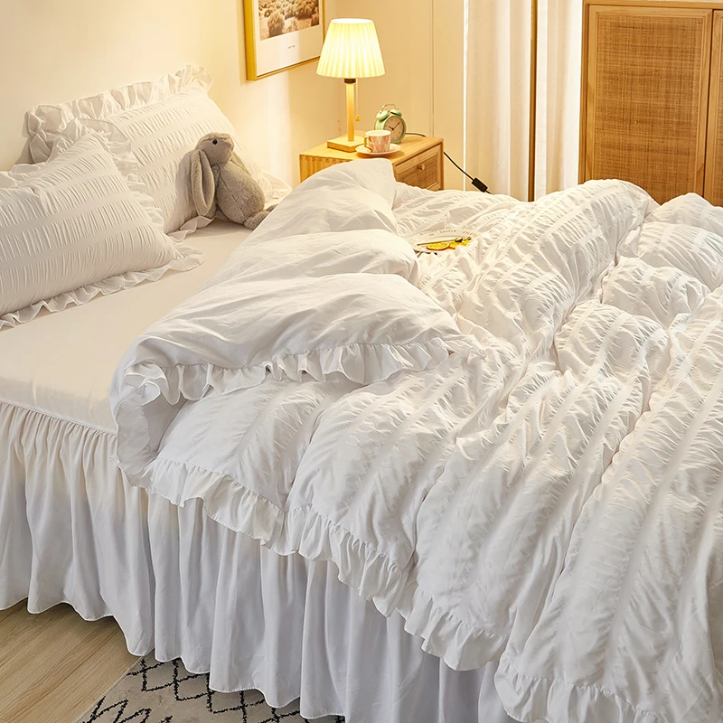 Princess Bedding Set Seersucker Solid Ruffles Duvet Cover Cotton&Polyester Flat Sheet /Bed Skirt Wedding Bedclothes Home Textile
Princess Bedding Set Seersucker Solid Ruffles Duvet Cover Cotton&Polyester Flat Sheet /Bed Skirt Wedding Bedclothes Home Textile