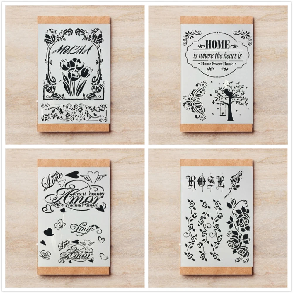 4Pcs A4 29cm Home Love Rose Words DIY Layering Stencils Wall Painting Scrapbook Coloring Embossing Album Decorative Template
4Pcs A4 29cm Home Love Rose Words DIY Layering Stencils Wall Painting Scrapbook Coloring Embossing Album Decorative Template