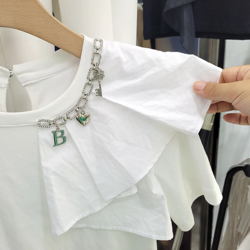 Shoulder Patchwork Ruffled Diamond Studded Chain T-shirt Female Summer Solid Color Slim Elastic Tee Shirt Top Women White
Shoulder Patchwork Ruffled Diamond Studded Chain T-shirt Female Summer Solid Color Slim Elastic Tee Shirt Top Women White