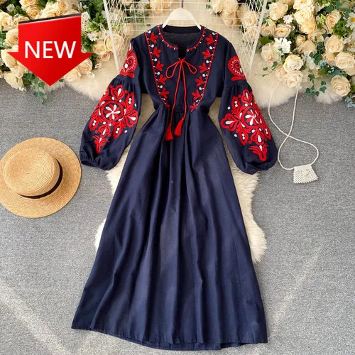 Women Autumn Dresses High Waist Pleated Dress All-match Female Vestidos Bohemian Embroidered Flower O-Neck Lantern Sleeve
Women Autumn Dresses High Waist Pleated Dress All-match Female Vestidos Bohemian Embroidered Flower O-Neck Lantern Sleeve