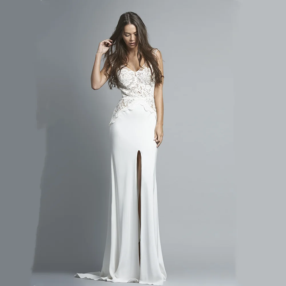 Vintage Backless Wedding Dress Sheath High Split Lace Applique Beach Bridal Gowns Sweep Train Cheap Custom Made Robe De Mariee
Vintage Backless Wedding Dress Sheath High Split Lace Applique Beach Bridal Gowns Sweep Train Cheap Custom Made Robe De Mariee