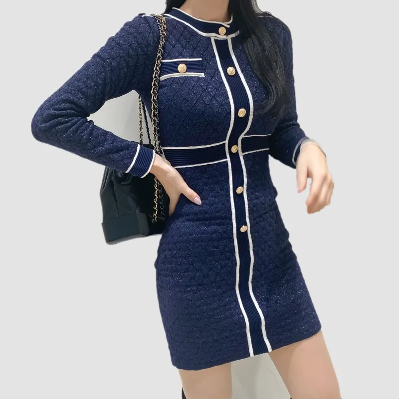 High Quality Knitted Dresses For Women 2021 Fall New O-Neck Long Sleeve Single-Breasted Contrast Bodycon Sweater Mini Dress
High Quality Knitted Dresses For Women 2021 Fall New O-Neck Long Sleeve Single-Breasted Contrast Bodycon Sweater Mini Dress