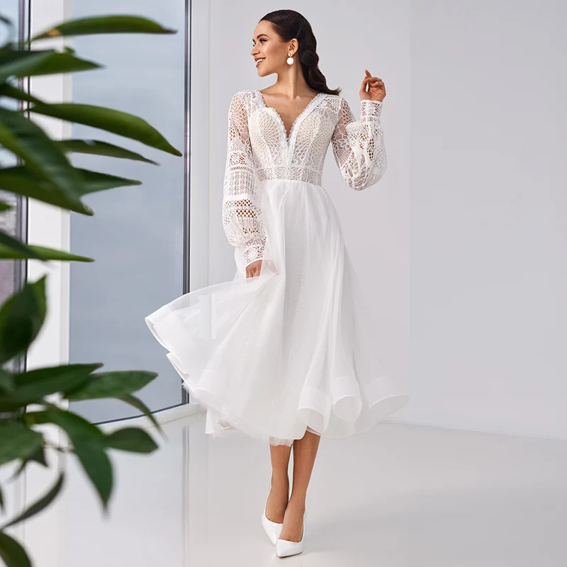 Fanweimei Tea Length Wedding Dress 2021 Elegant V-Neck Lace Long Sleeve Custom Made Organza Bridal Gowns Dress with Button Back
Fanweimei Tea Length Wedding Dress 2021 Elegant V-Neck Lace Long Sleeve Custom Made Organza Bridal Gowns Dress with Button Back