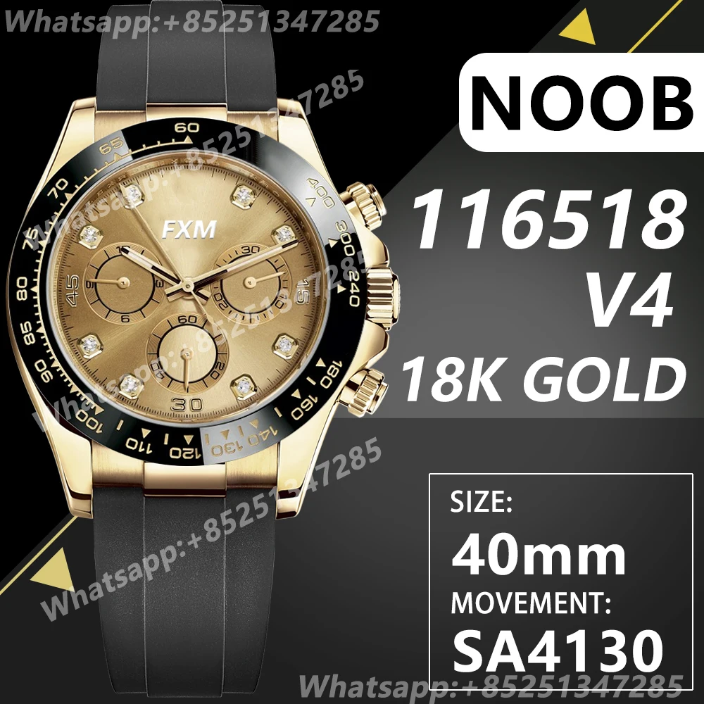 

Мужские автоматические механические роскошные часы 40 мм 116518 NOOB V4 A4130 904L AAA Реплика 18K золото алмазный циферблат 1:1 супер клон