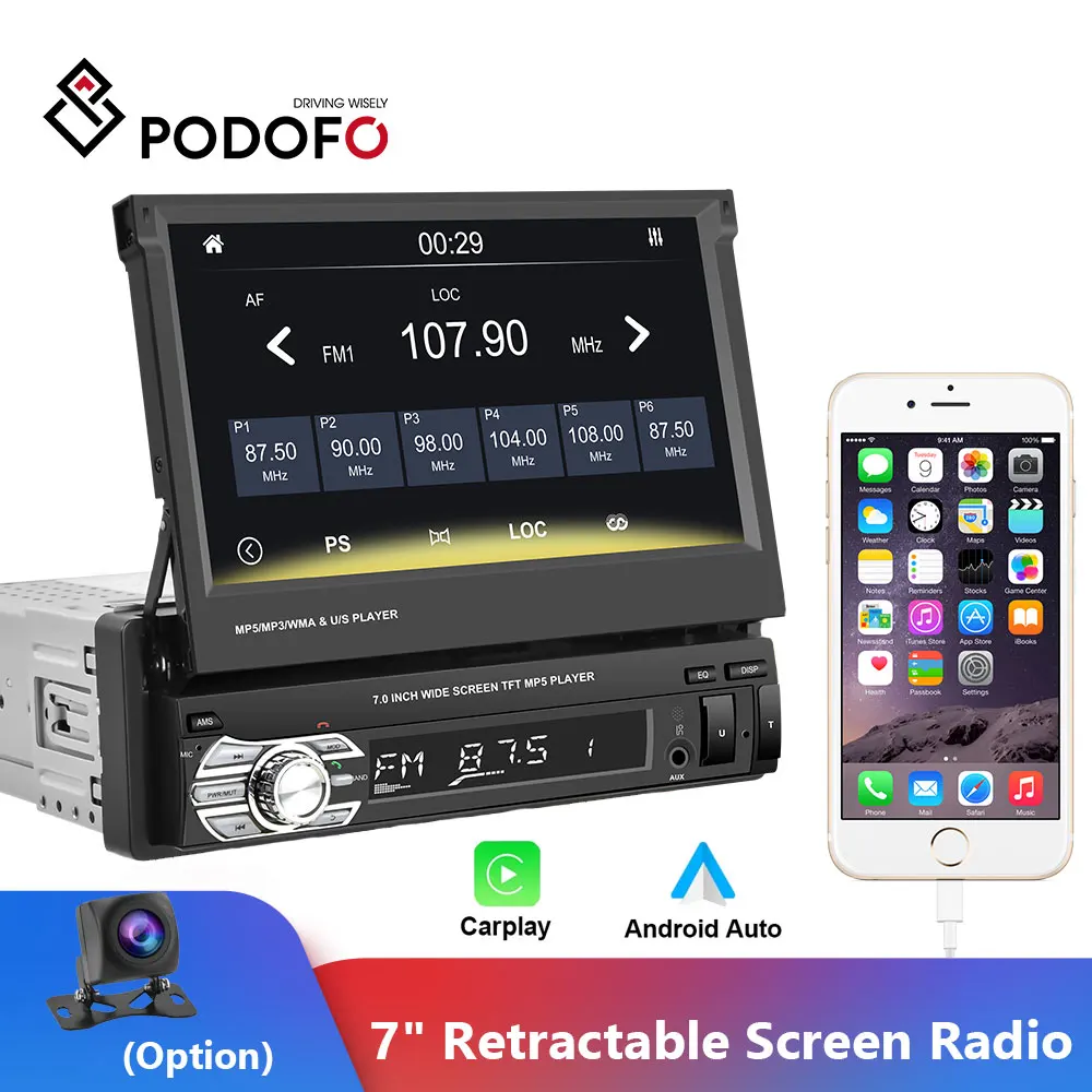 Podofo 1din Car Radio 7" HD Retractable Screen multimedia Player audio Video player no DVD Android Auto Carplay Radio Support TF
Podofo 1din Car Radio 7" HD Retractable Screen multimedia Player audio Video player no DVD Android Auto Carplay Radio Support TF