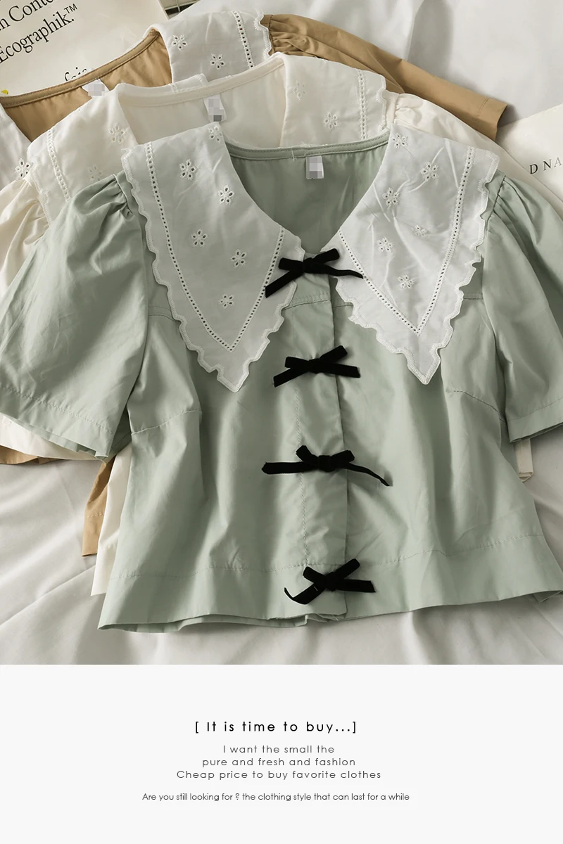 Girls bow single-breasted shirt women's summer contrast stitching doll collar short sleeve shirts 
Girls bow single-breasted shirt women's summer contrast stitching doll collar short sleeve shirts