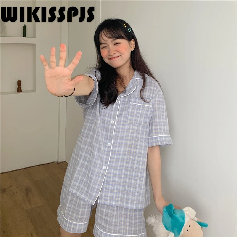 WIKISSPJS, летняя с коротким рукавом, простая в клетку, повседневная пара, милая Пижама, Женская домашняя одежда, костюм, комплект из двух предметов, лето
WIKISSPJS, летняя с коротким рукавом, простая в клетку, повседневная пара, милая Пижама, Женская домашняя одежда, костюм, комплект из двух предметов, лето