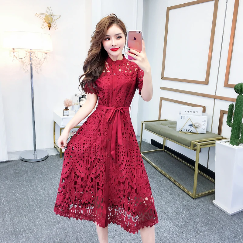 Summer Runway Women High End Hollow Out Lace Dress Office Lady Solid Color Sashes Mujer Casual Short Sleeve Party Vestidos
Summer Runway Women High End Hollow Out Lace Dress Office Lady Solid Color Sashes Mujer Casual Short Sleeve Party Vestidos