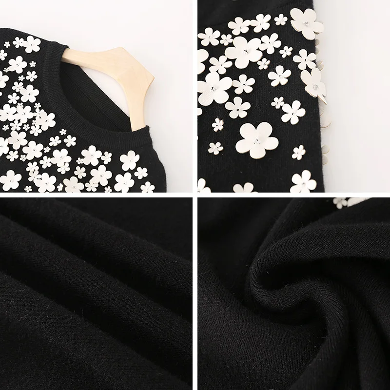 Vintage Black Women Sweater Luxury Handmade Beading White Leather Flowers Female Pullover Sweaters Ladies Winter Shirt 
Vintage Black Women Sweater Luxury Handmade Beading White Leather Flowers Female Pullover Sweaters Ladies Winter Shirt