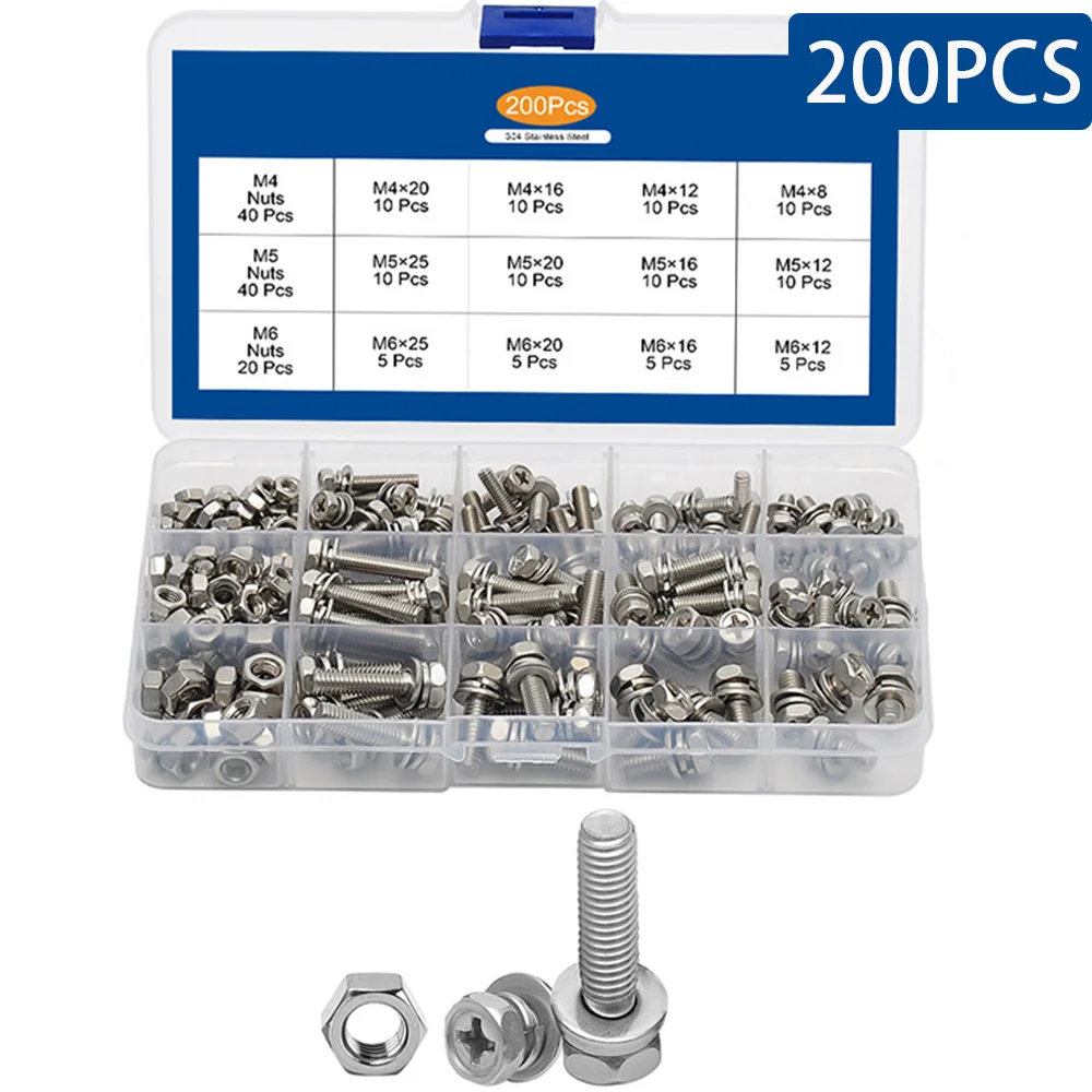 200PCS/Box Cross Recessed Phillips Hex Head Screw With Nut Washer Screw Set Kit M4 M5 M6 Stainless Steel Three Combination Screw
200PCS/Box Cross Recessed Phillips Hex Head Screw With Nut Washer Screw Set Kit M4 M5 M6 Stainless Steel Three Combination Screw