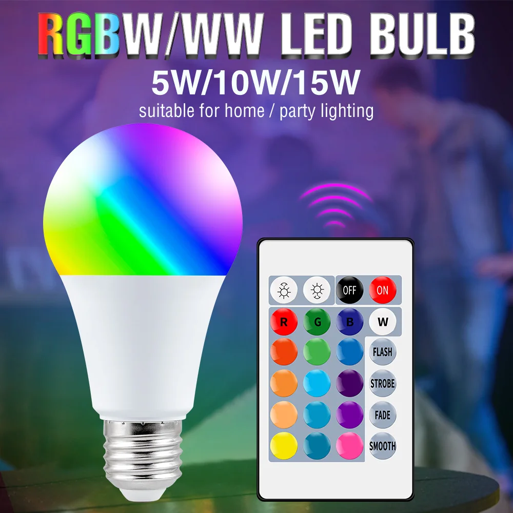 RGB Bulb E27 Home Party Decorative Light 10W 15W RGBW LED Lamp 16 Colors 220V Magic Bulbs With IR Remote Controller+Memory Mode
RGB Bulb E27 Home Party Decorative Light 10W 15W RGBW LED Lamp 16 Colors 220V Magic Bulbs With IR Remote Controller+Memory Mode