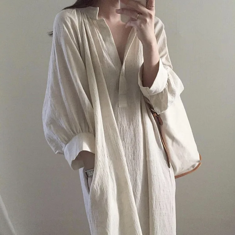 Summer New Korean Women Ruffled Collar Solid Color Three-quarter Sleeves Split Cotton and Linen Dress Loose
Summer New Korean Women Ruffled Collar Solid Color Three-quarter Sleeves Split Cotton and Linen Dress Loose