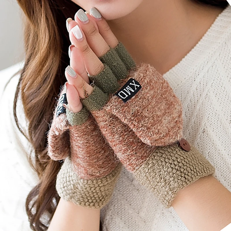 

2021 Winter Warm Thickening Wool Gloves Knitted Flip Fingerless Exposed Finger Thick Gloves Without Fingers Mittens Glove Women