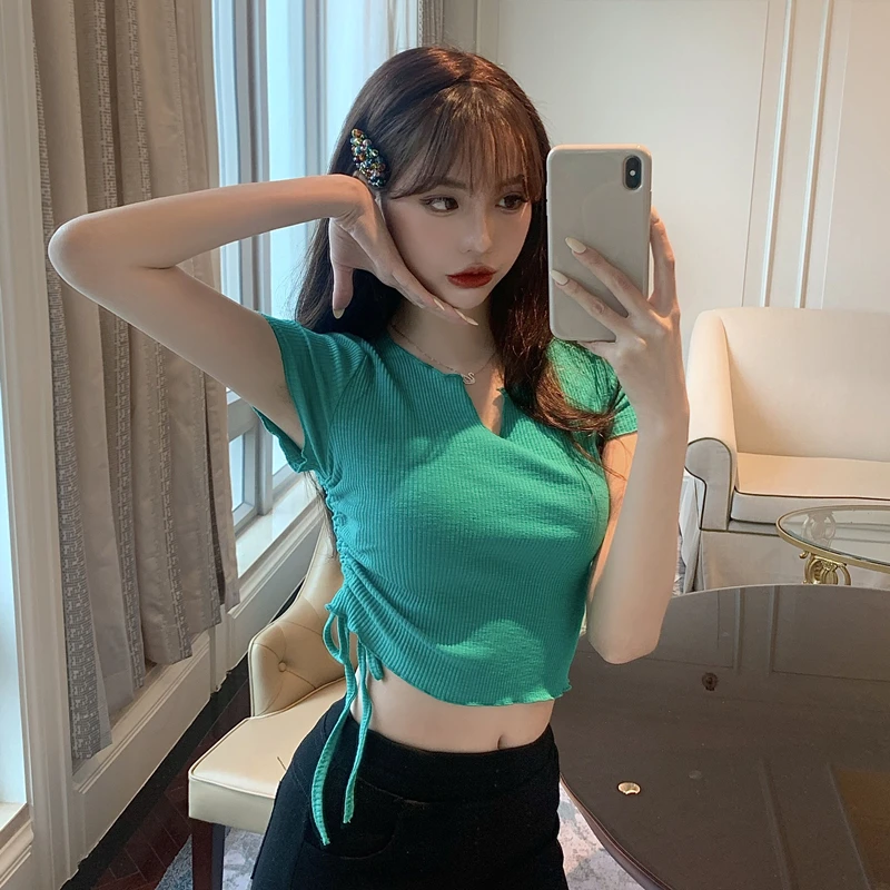2021summer High Waist Short Stringy Selvedge Short Sleeve T-shirt Women's Ins Fashionable Drawstring Slim V-neck Bottoming Shirt
2021summer High Waist Short Stringy Selvedge Short Sleeve T-shirt Women's Ins Fashionable Drawstring Slim V-neck Bottoming Shirt