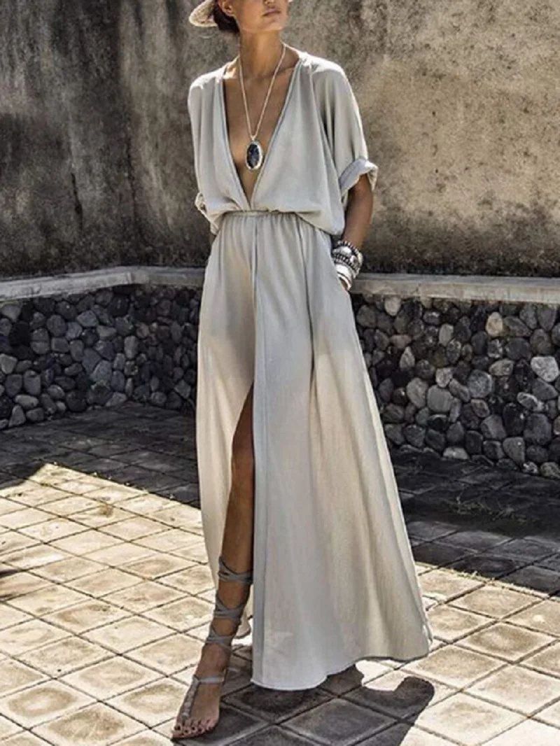 Summer Ladies 2021 European and American new dress deep V middle sleeve slit and ankle dress
Summer Ladies 2021 European and American new dress deep V middle sleeve slit and ankle dress