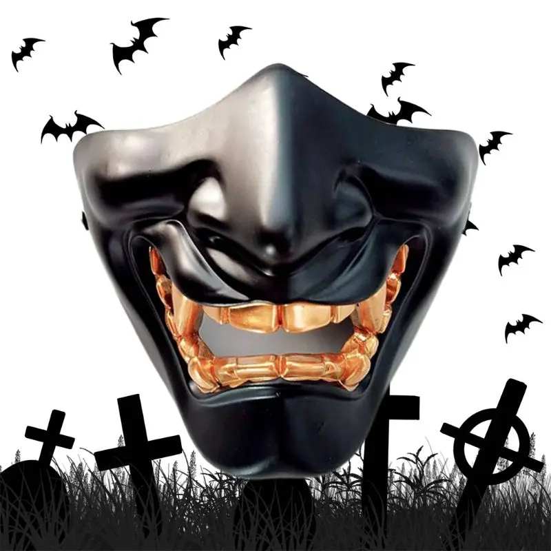 Halloween Japanese Anime Ghost Resin Half Face Mask Evil Demon Kabuki Samurai Cosplay Costume Masquerade Party Props