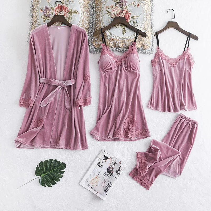 4PCS Sleep Set Female Velour Kimono Robe Gown Sexy Lace Pajamas Suit Nighty&Robe Set Soft Velvet Sleepwear Intimate Lingerie
4PCS Sleep Set Female Velour Kimono Robe Gown Sexy Lace Pajamas Suit Nighty&Robe Set Soft Velvet Sleepwear Intimate Lingerie