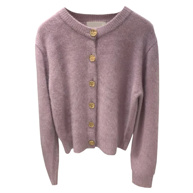 2020 autumn and winter new retro lazy style metal buckle purple sweater knitted cardigan women's outer wear
2020 autumn and winter new retro lazy style metal buckle purple sweater knitted cardigan women's outer wear