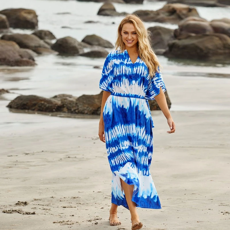 

Seaside Wave Stripes Maxi Dress Women's Plus Free Size Kaftan Blue Tie Dye Like Print Long Tunic Beach Swimsuits Cover Ups Tunic