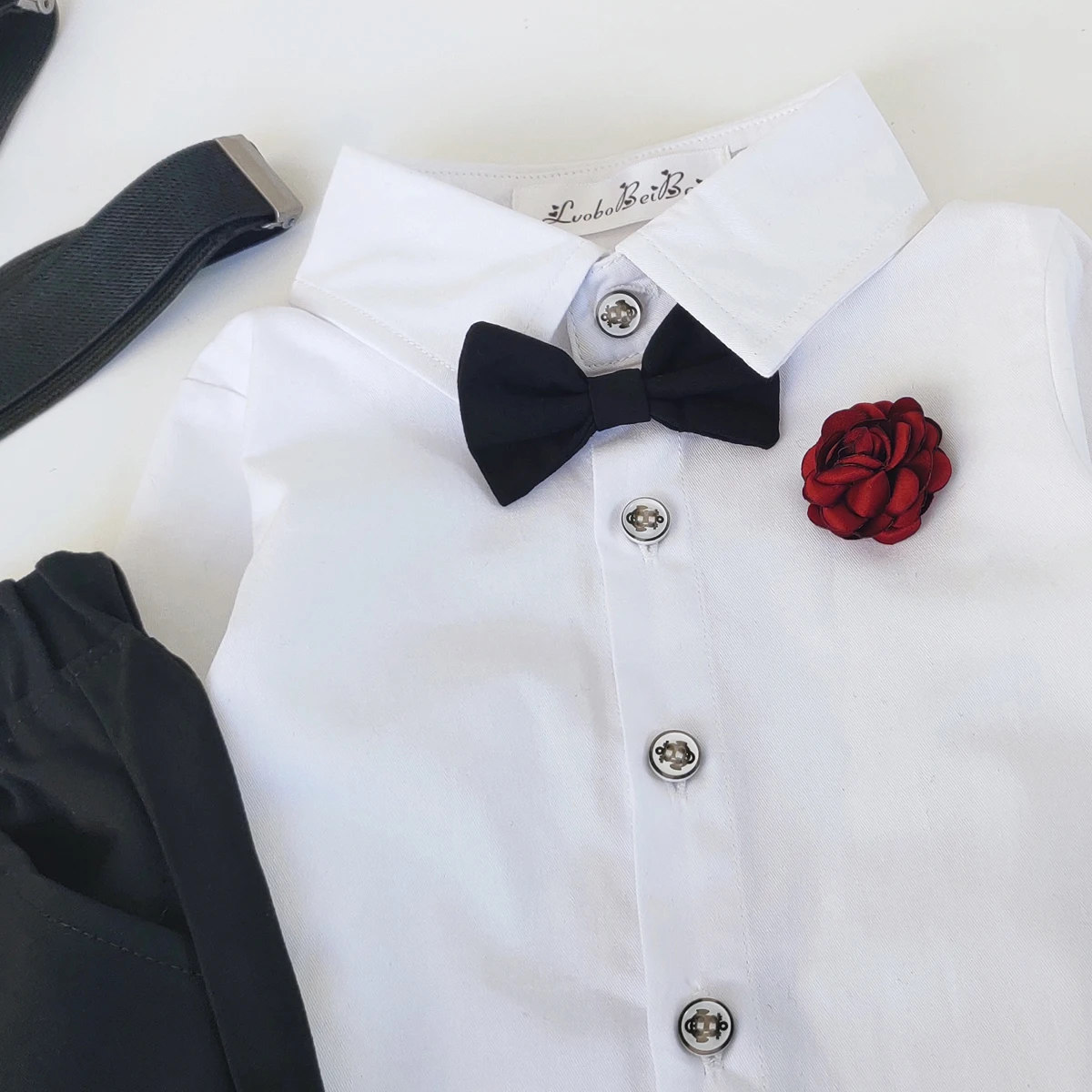 Boys Clothing Sets Spring summer New Toddler Boys Long Sleeve White Bow tie Shirts +Suspender Black Shorts Casual Clothes Outfit 
Boys Clothing Sets Spring summer New Toddler Boys Long Sleeve White Bow tie Shirts +Suspender Black Shorts Casual Clothes Outfit