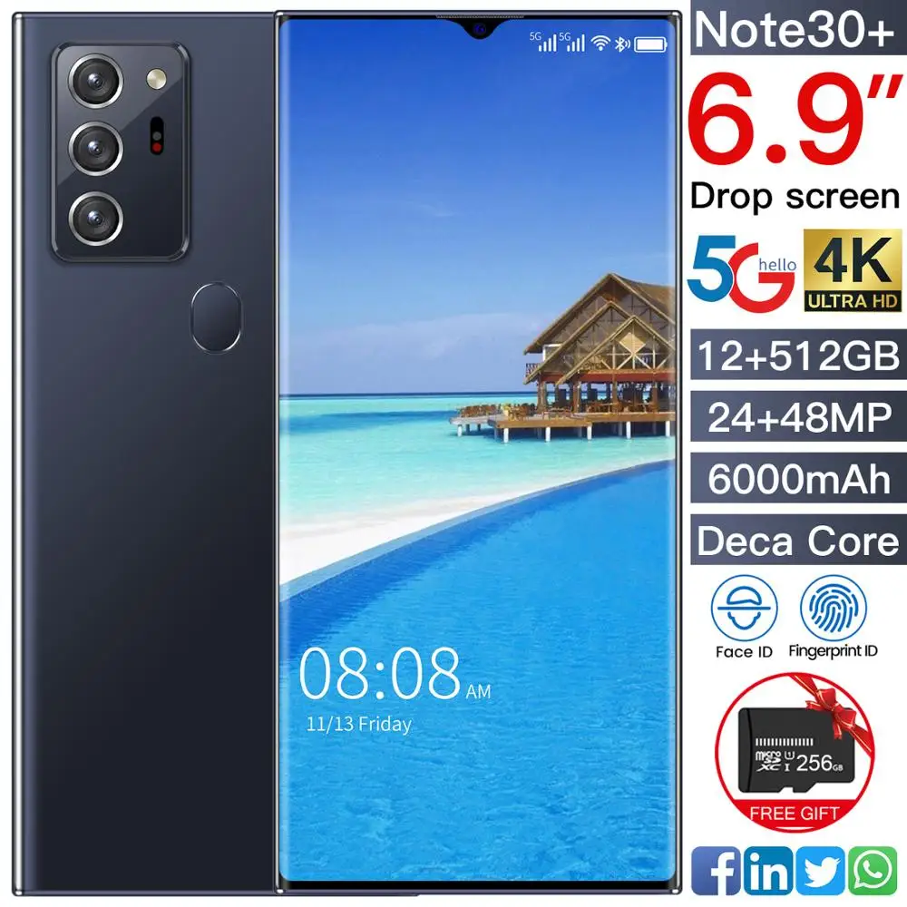 Note30+ Global Version 5G Network Face ID Dual SIM+Micro SD Smartphone 6.9 Inch Drop Screen Face ID 6000mAh Andriod Mobile Phone
Note30+ Global Version 5G Network Face ID Dual SIM+Micro SD Smartphone 6.9 Inch Drop Screen Face ID 6000mAh Andriod Mobile Phone